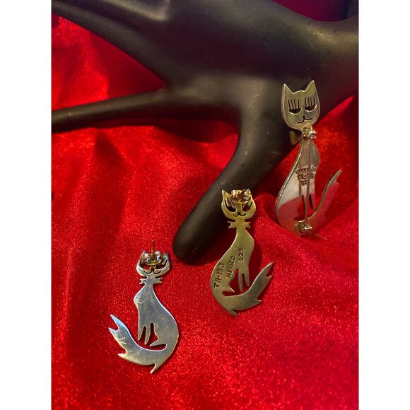 Mexico Sterling Silver Cat Brooch and Earrings - Picture 3 of 4